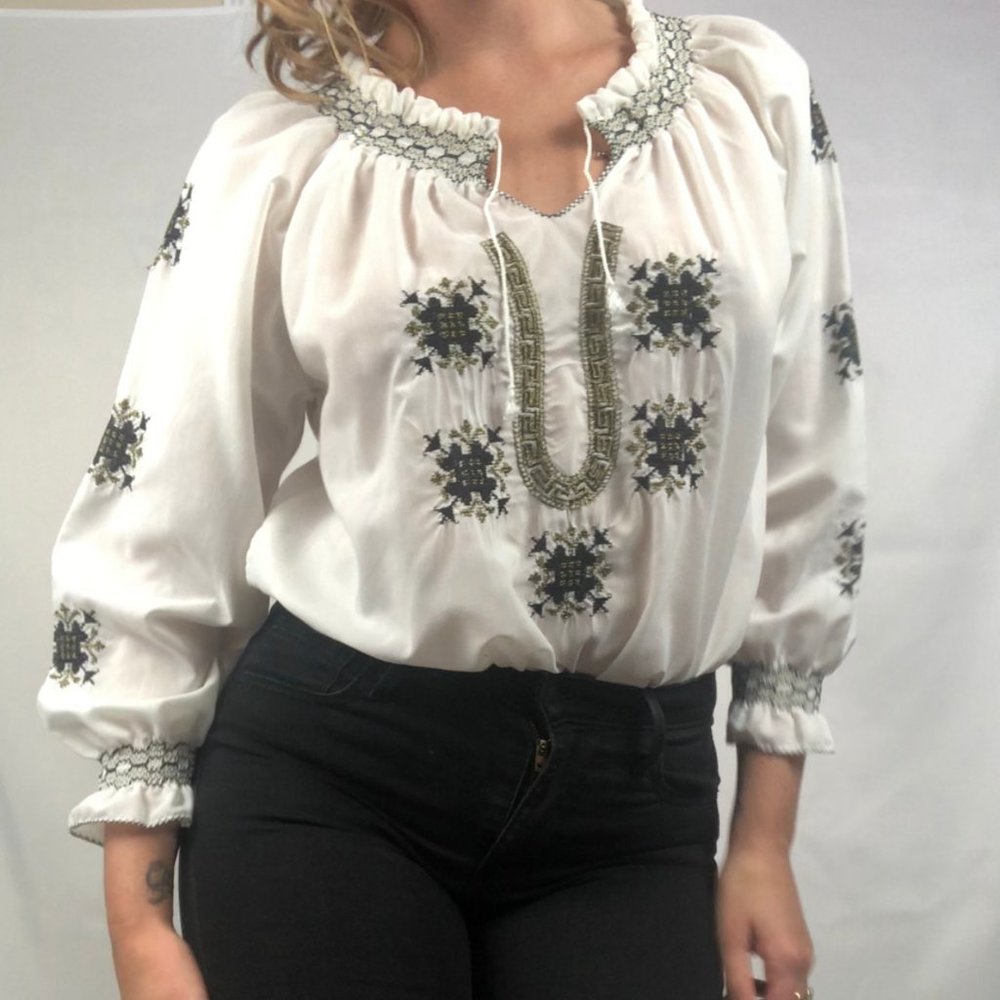 Vintage 70s Embroidered Made in Greece Peasant Top Medium